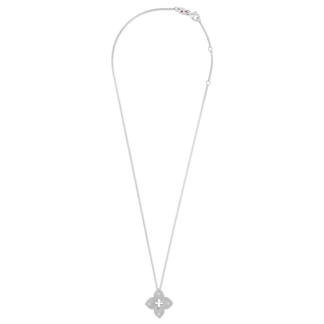 Roberto Coin Venetian Princess diamond necklace in white gold with matte flower pendant