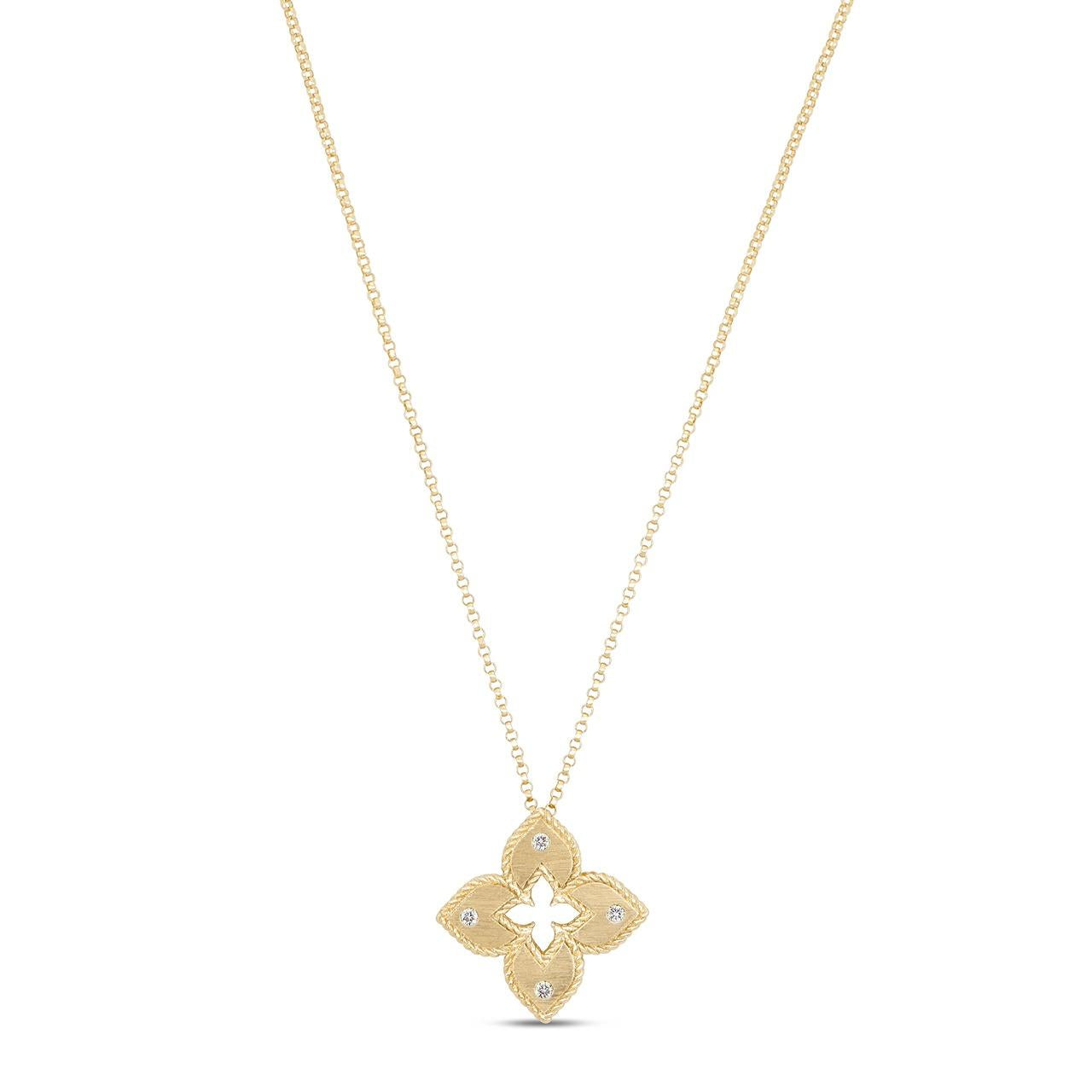 Roberto Coin Venetian Princess diamond necklace in yellow gold with matte flower pendant
