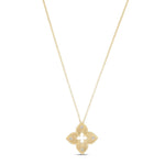 Roberto Coin Venetian Princess diamond necklace in yellow gold with matte flower pendant