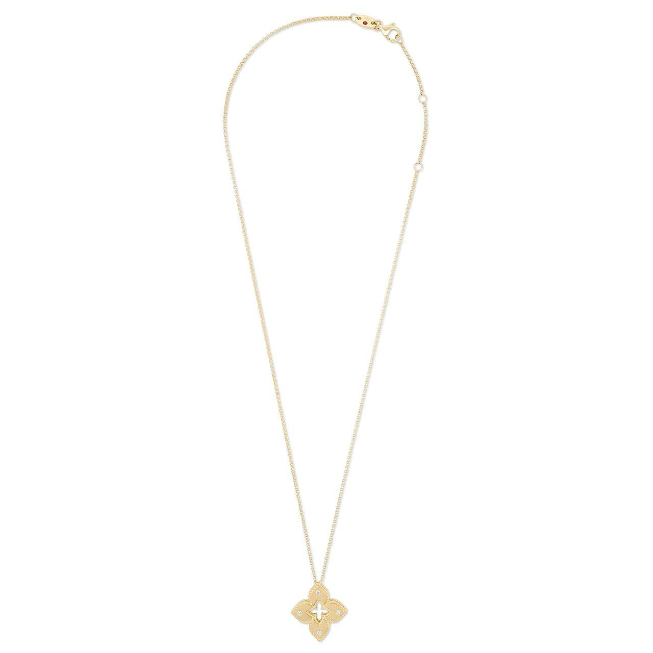 Roberto Coin Venetian Princess diamond necklace in yellow gold with matte flower pendant