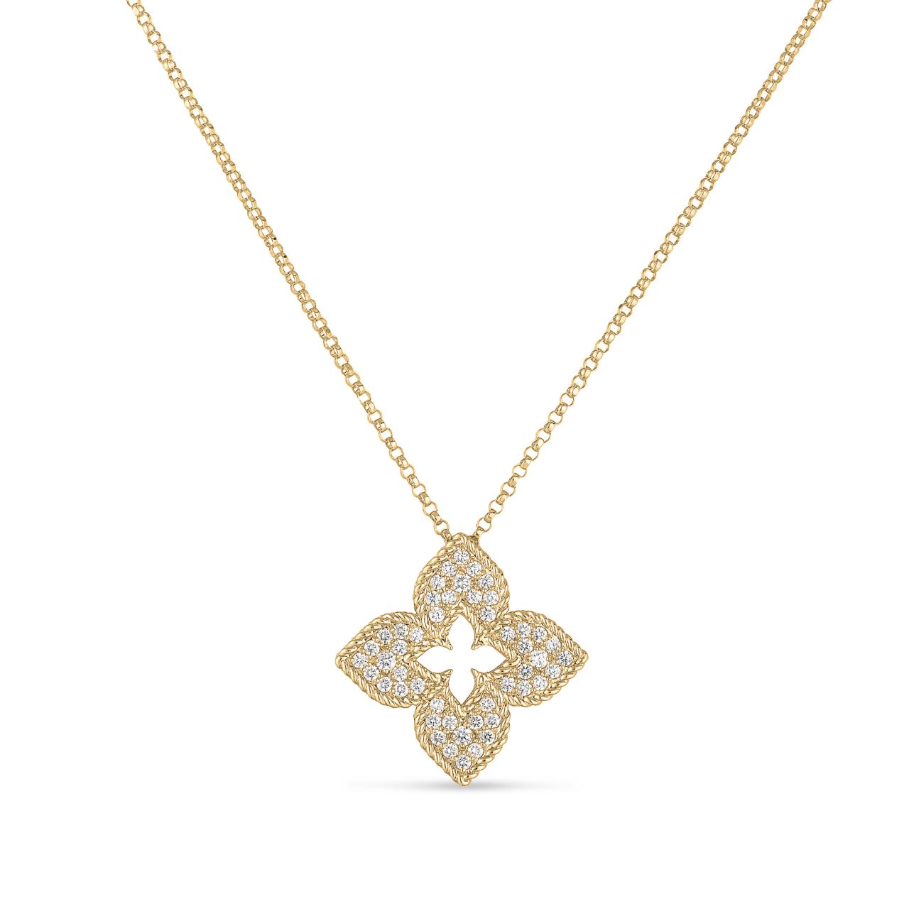 Roberto Coin Venetian Princess 18ct yellow gold necklet featuring open flower pendant with diamond clusters in each petal, rope detail, 45cm chain, and signature ruby clasp.