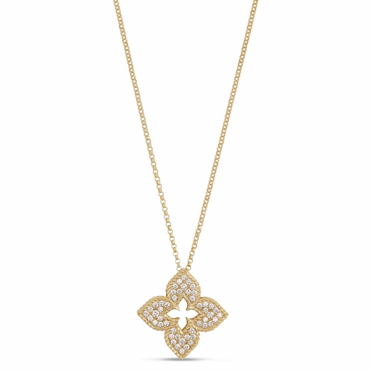 Roberto Coin Venetian Princess 18ct yellow gold necklet featuring open flower pendant with diamond clusters in each petal, rope detail, 45cm chain, and signature ruby clasp.