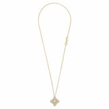 Roberto Coin Venetian Princess 18ct yellow gold necklet featuring open flower pendant with diamond clusters in each petal, rope detail, 45cm chain, and signature ruby clasp.