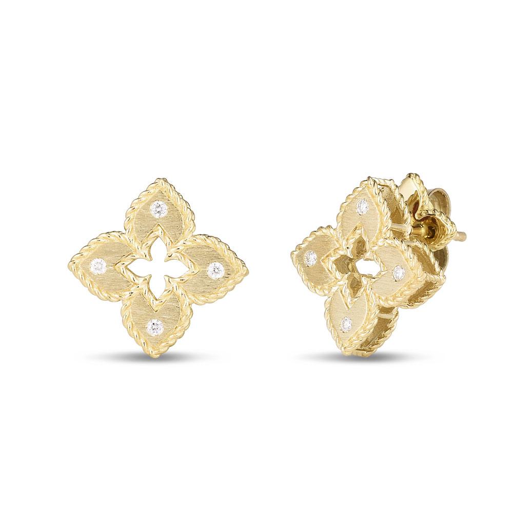 Roberto Coin Venetian Princess 18ct yellow gold diamond stud earrings featuring matte finish, rope detail, and hidden rubies.