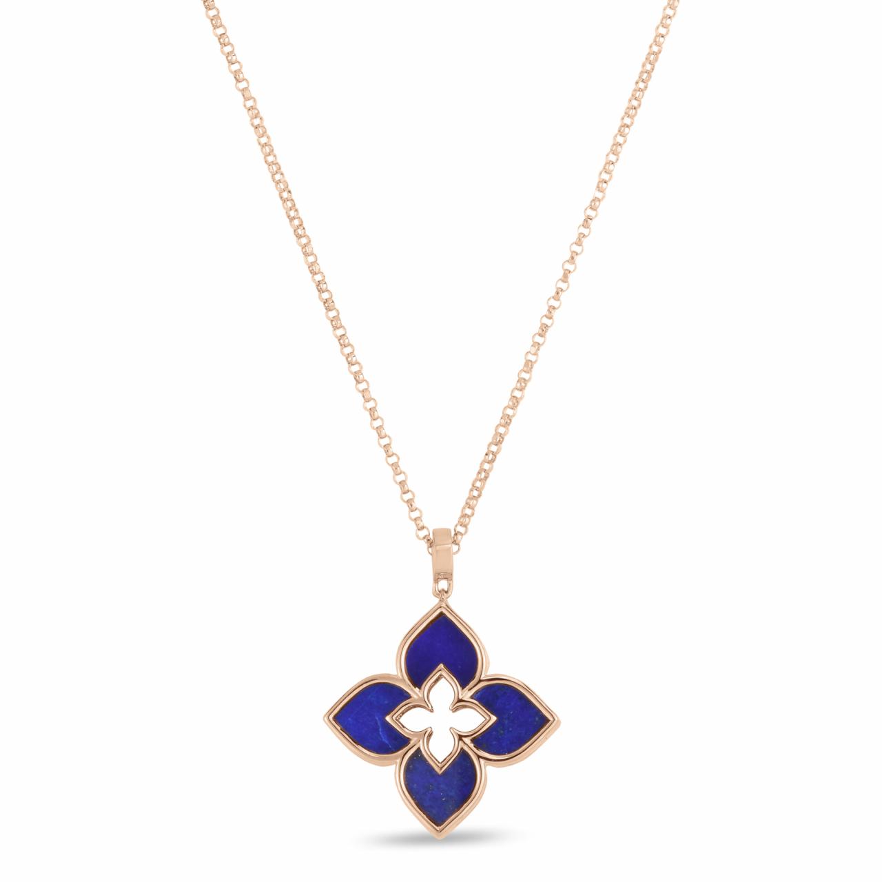 Roberto Coin Venetian Princess 18ct rose gold necklet featuring open flower pendant with lapis lazuli in each petal on a fine 45cm belcher link chain and signature ruby clasp.