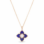 Roberto Coin Venetian Princess 18ct rose gold necklet featuring open flower pendant with lapis lazuli in each petal on a fine 45cm belcher link chain and signature ruby clasp.