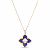 Roberto Coin Venetian Princess 18ct rose gold necklet featuring open flower pendant with lapis lazuli in each petal on a fine 45cm belcher link chain and signature ruby clasp.