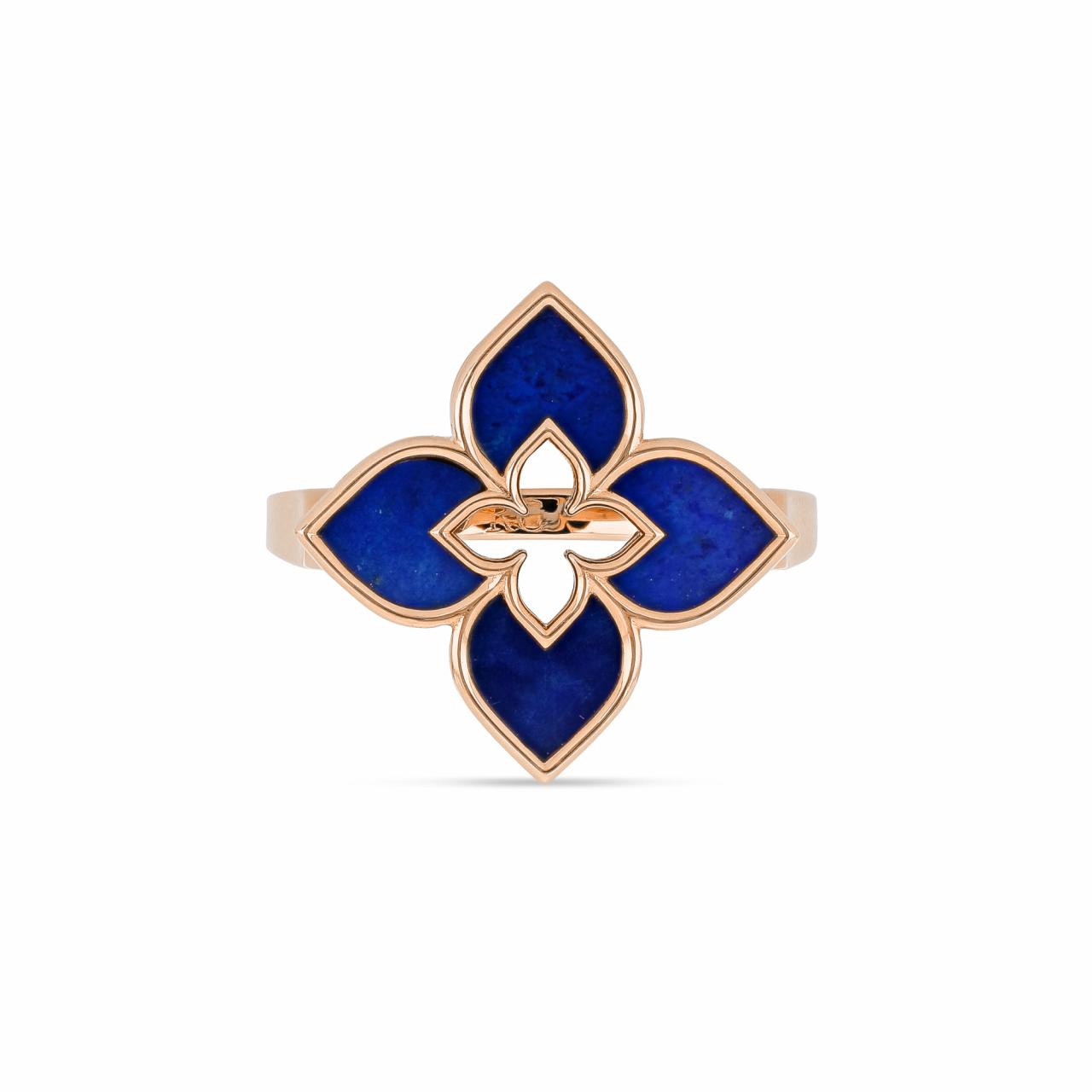 Roberto Coin Venetian Princess ring in 18ct rose gold featuring lapis lazuli inlaid petals and a signature hidden ruby inside the shank.