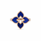 Roberto Coin Venetian Princess ring in 18ct rose gold featuring lapis lazuli inlaid petals and a signature hidden ruby inside the shank.