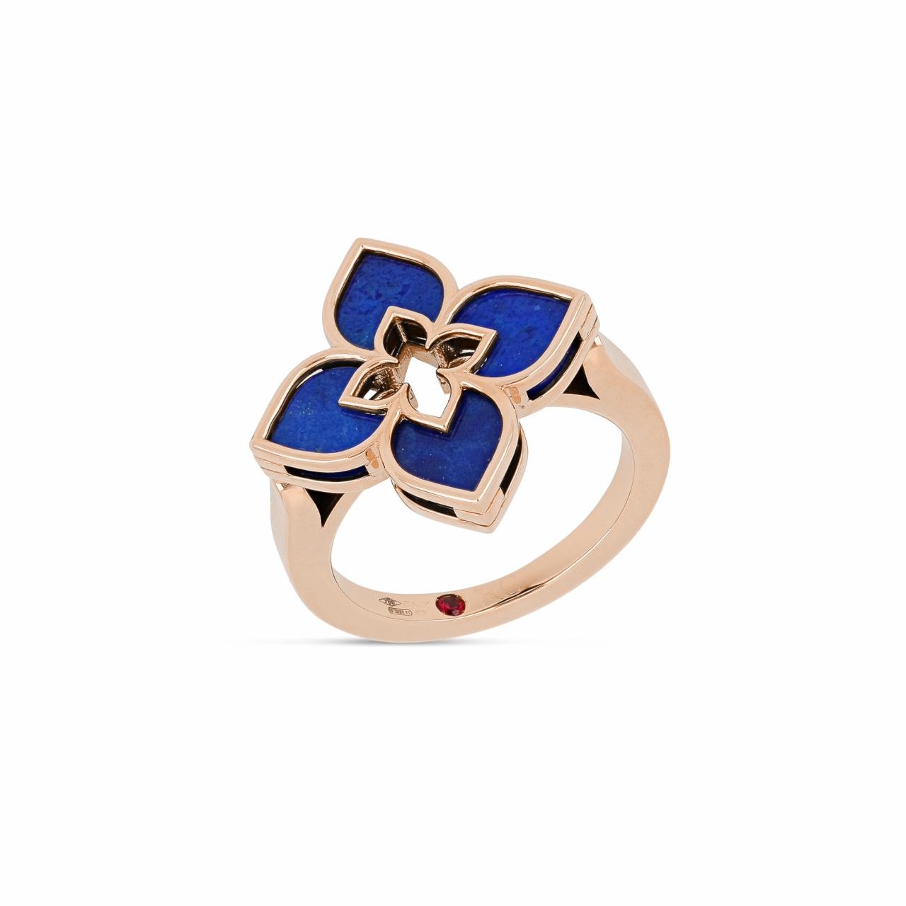 Roberto Coin Venetian Princess ring in 18ct rose gold featuring lapis lazuli inlaid petals and a signature hidden ruby inside the shank.