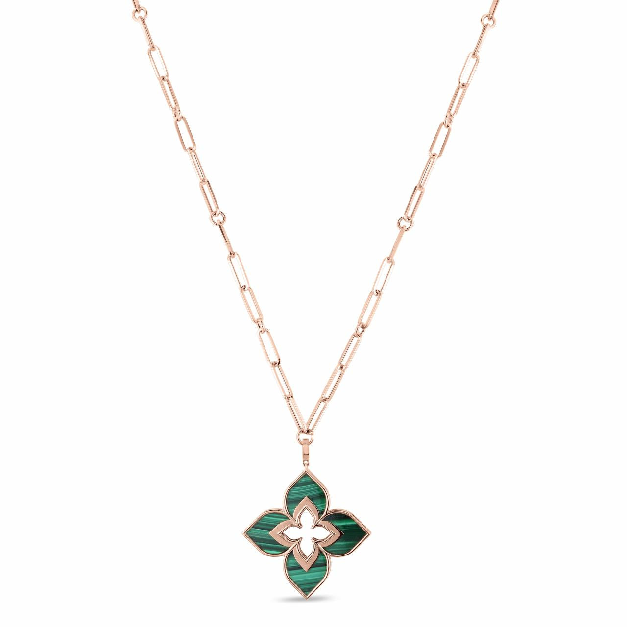 Roberto Coin Venetian Princess 18ct rose gold necklet featuring open flower pendant with malachite in each petal on an 80cm oval link chain and signature ruby clasp.