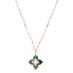 Roberto Coin Venetian Princess 18ct rose gold necklet featuring open flower pendant with malachite in each petal on an 80cm oval link chain and signature ruby clasp.