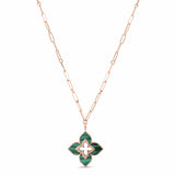 Roberto Coin Venetian Princess 18ct rose gold necklet featuring open flower pendant with malachite in each petal on an 80cm oval link chain and signature ruby clasp.