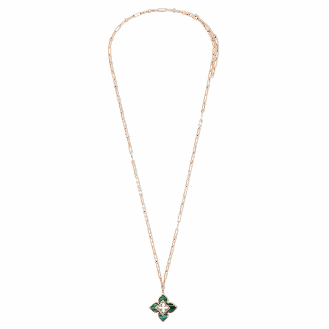 Roberto Coin Venetian Princess 18ct rose gold necklet featuring open flower pendant with malachite in each petal on an 80cm oval link chain and signature ruby clasp.