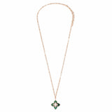 Roberto Coin Venetian Princess 18ct rose gold necklet featuring open flower pendant with malachite in each petal on an 80cm oval link chain and signature ruby clasp.