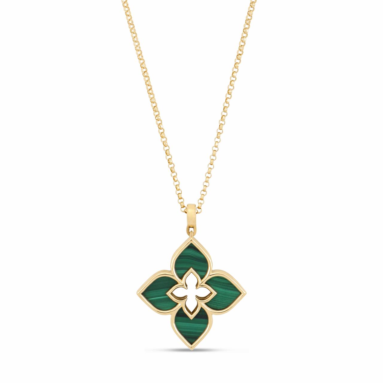 Roberto Coin Venetian Princess 18ct yellow gold necklet featuring open flower-shaped pendant with malachite petals on a fine 45cm belcher chain and signature ruby clasp.