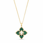 Roberto Coin Venetian Princess 18ct yellow gold necklet featuring open flower-shaped pendant with malachite petals on a fine 45cm belcher chain and signature ruby clasp.