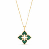 Roberto Coin Venetian Princess 18ct yellow gold necklet featuring open flower-shaped pendant with malachite petals on a fine 45cm belcher chain and signature ruby clasp.