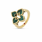 Roberto Coin Venetian Princess ring in 18ct yellow gold featuring malachite inlaid petals and a signature hidden ruby inside the shank.