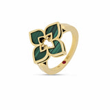 Roberto Coin Venetian Princess ring in 18ct yellow gold featuring malachite inlaid petals and a signature hidden ruby inside the shank.