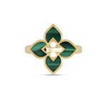 Roberto Coin Venetian Princess ring in 18ct yellow gold featuring malachite inlaid petals and a signature hidden ruby inside the shank.