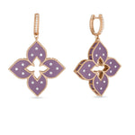 Roberto Coin Venetian Princess rose gold and purple titanium diamond flower drop earrings.