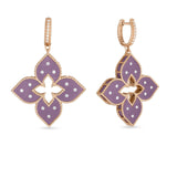 Roberto Coin Venetian Princess rose gold and purple titanium diamond flower drop earrings.