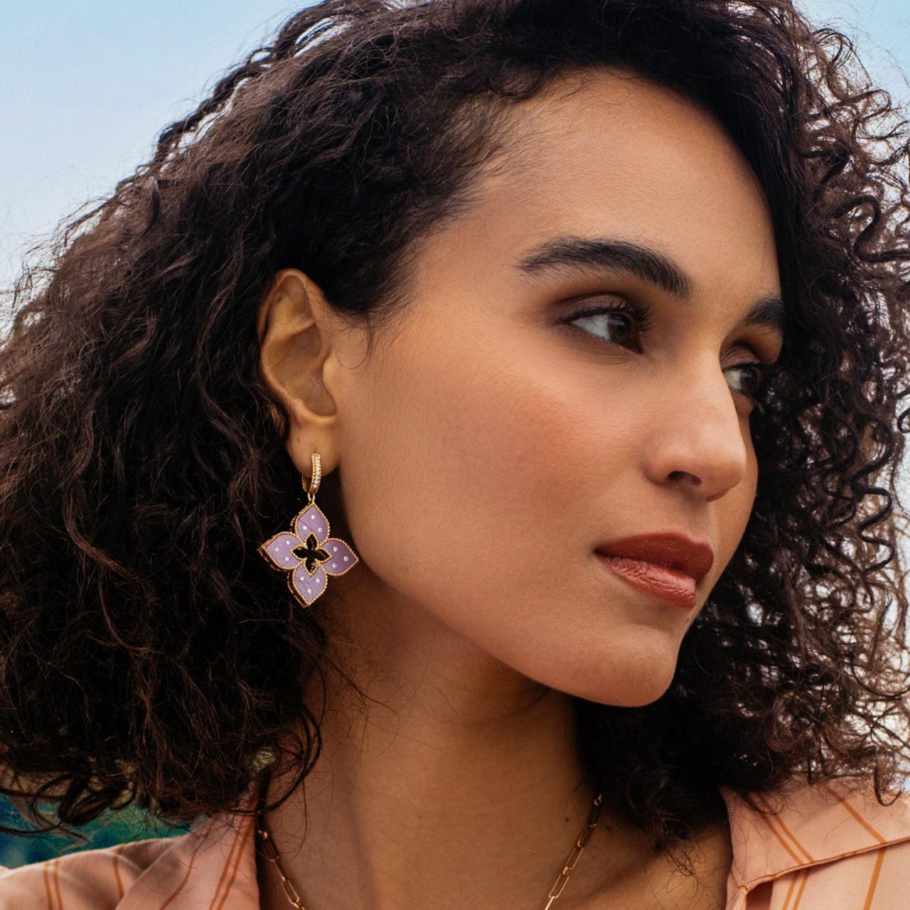 Roberto Coin Venetian Princess rose gold and purple titanium diamond flower drop earrings.