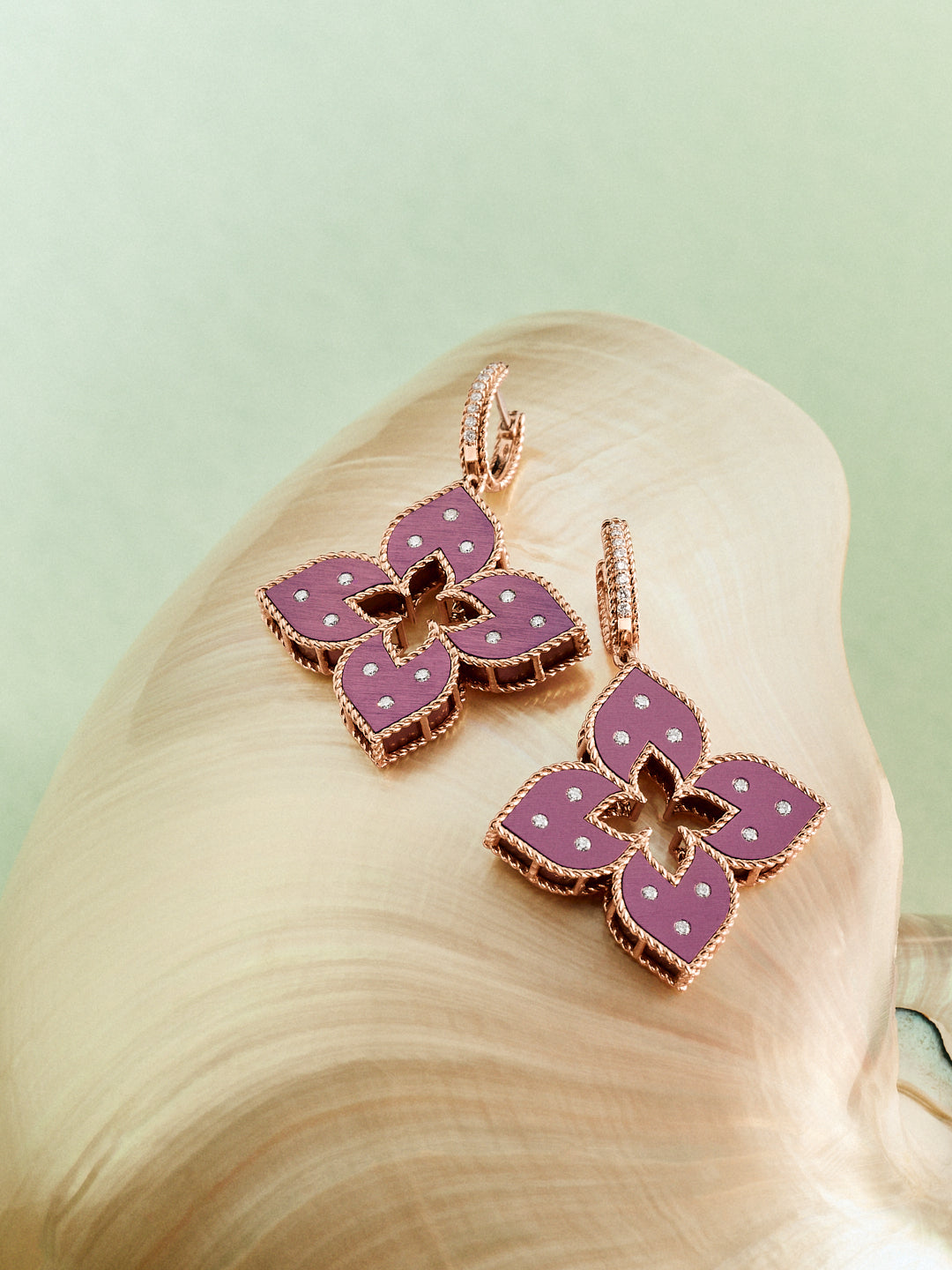Roberto Coin Venetian Princess rose gold and purple titanium diamond flower drop earrings.