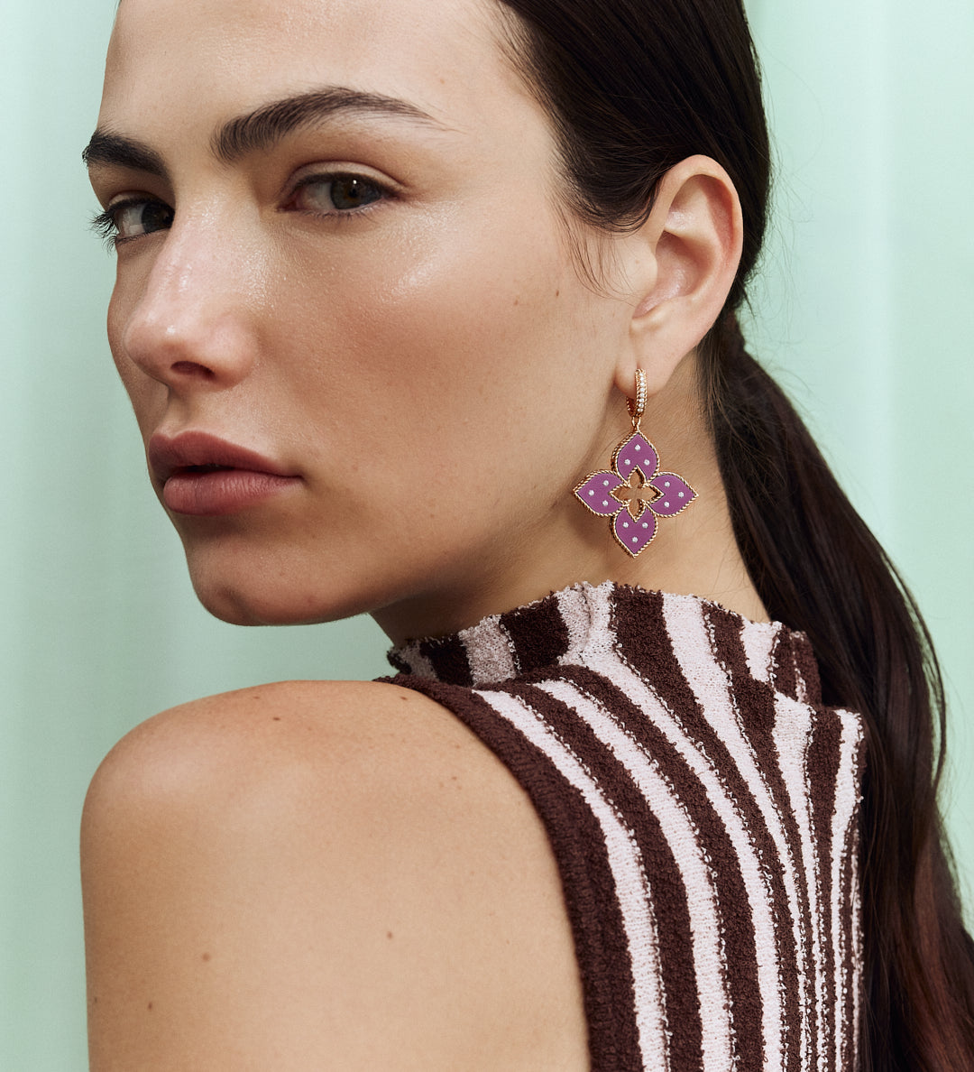 Roberto Coin Venetian Princess rose gold and purple titanium diamond flower drop earrings.