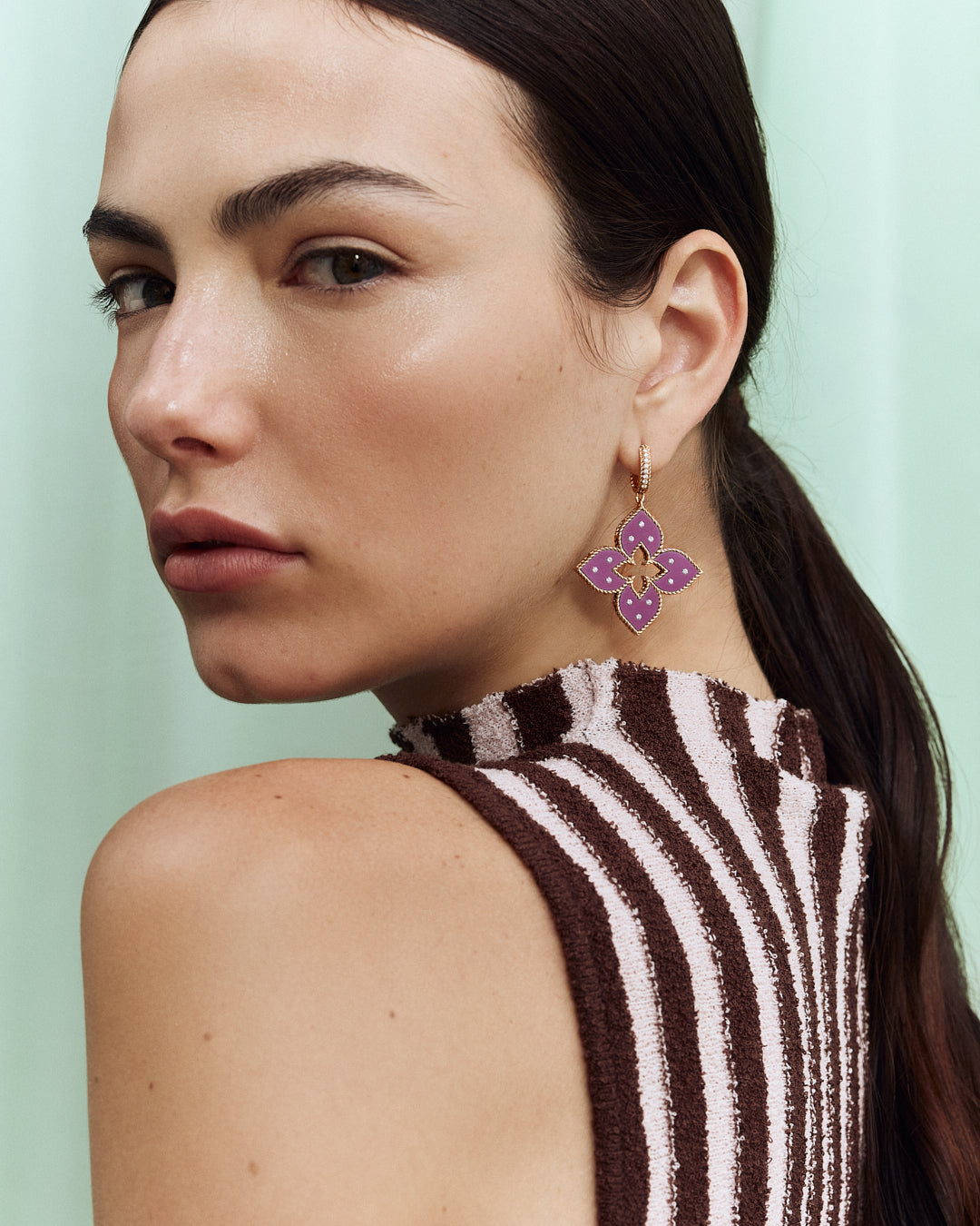 Roberto Coin Venetian Princess rose gold and purple titanium diamond flower drop earrings.