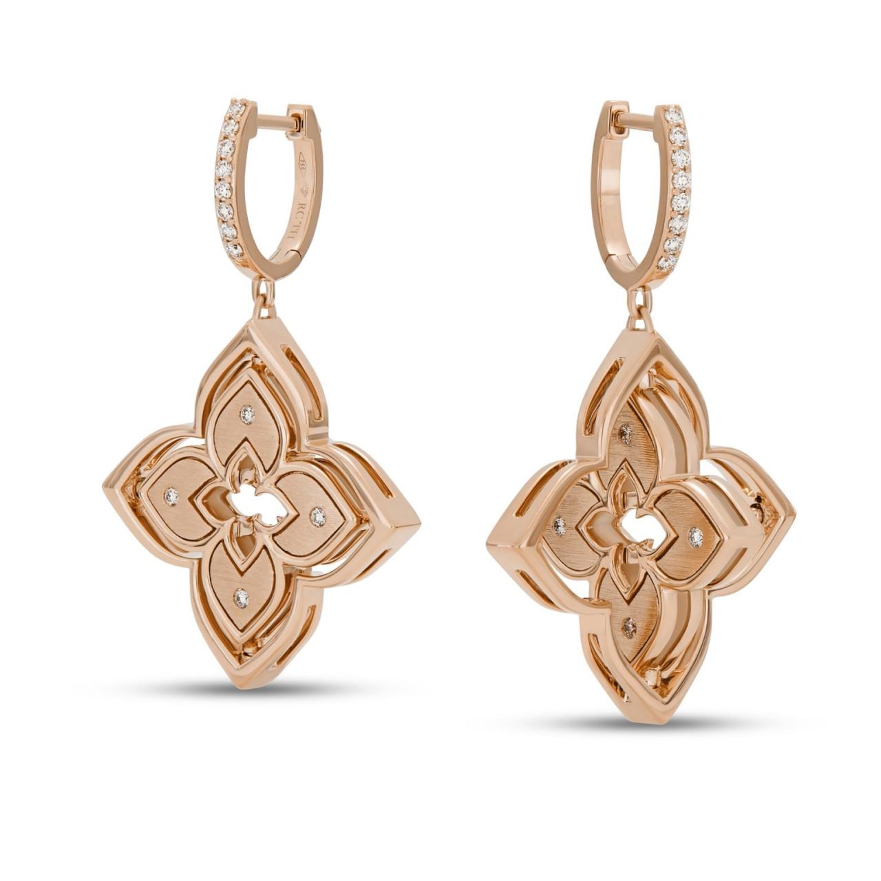 Roberto Coin Venetian Princess 18ct rose gold rhodonite and diamond drop earrings featuring matte reversible petals and hidden rubies.