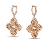 Roberto Coin Venetian Princess 18ct rose gold rhodonite and diamond drop earrings featuring matte reversible petals and hidden rubies.