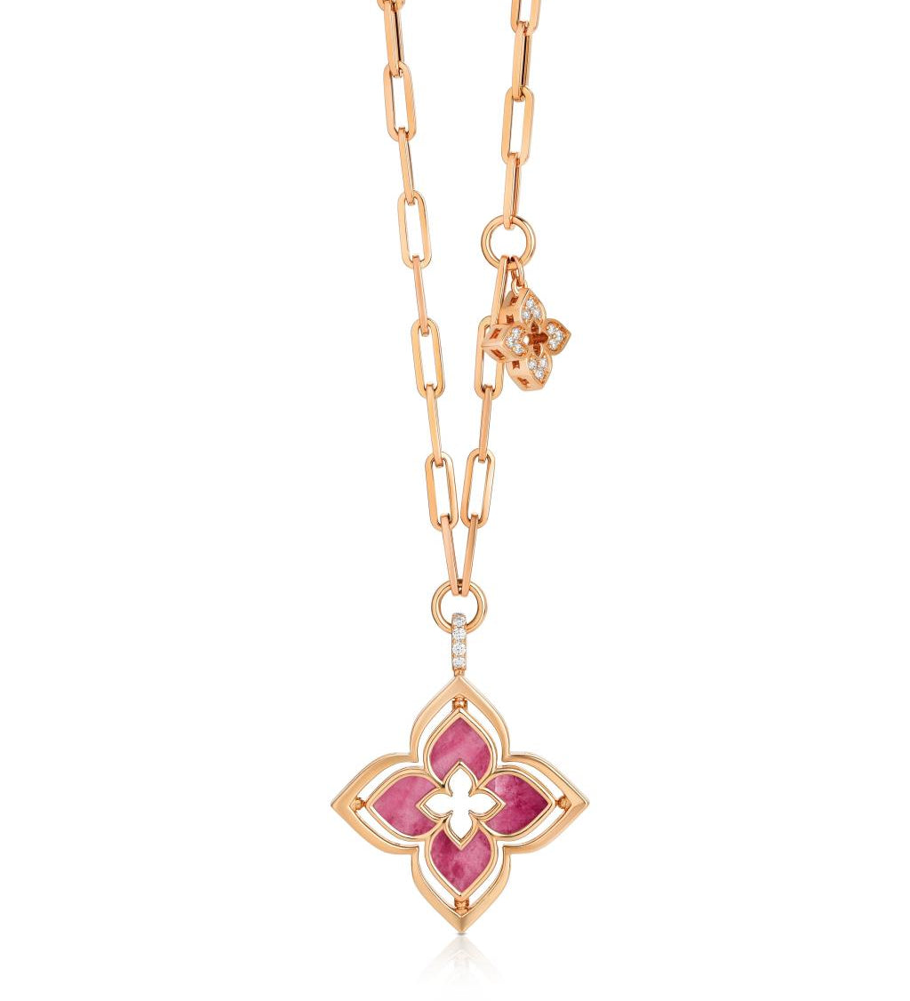 Roberto Coin Venetian Princess 18ct rose gold necklet featuring open flower pendant with rhodonite petals and matte diamond-set reverse, diamond side charm, and 45cm oval link chain with signature ruby clasp.
