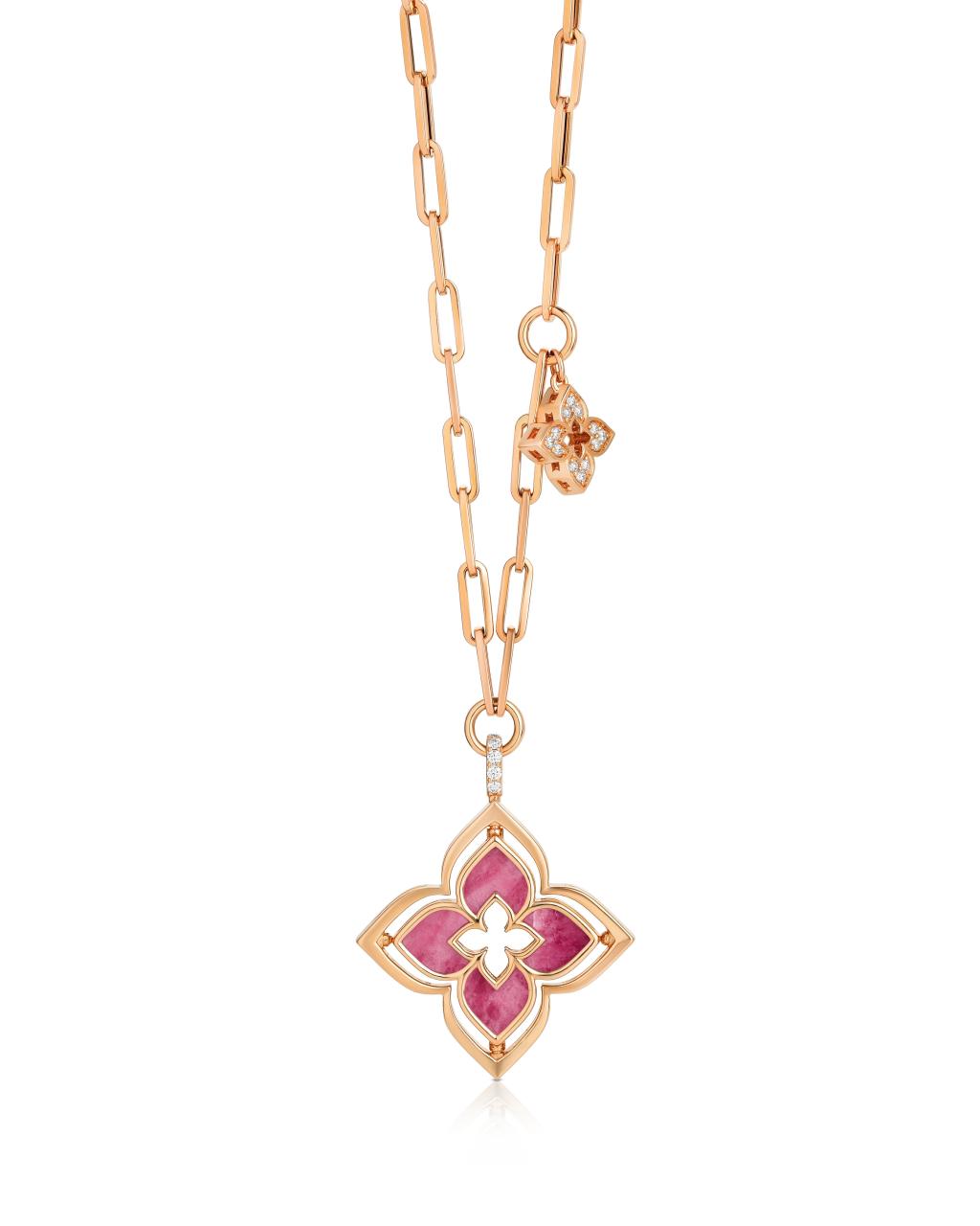 Roberto Coin Venetian Princess 18ct rose gold necklet featuring open flower pendant with rhodonite petals and matte diamond-set reverse, diamond side charm, and 45cm oval link chain with signature ruby clasp.