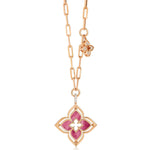 Roberto Coin Venetian Princess 18ct rose gold necklet featuring open flower pendant with rhodonite petals and matte diamond-set reverse, diamond side charm, and 45cm oval link chain with signature ruby clasp.