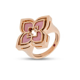 Roberto Coin Venetian Princess ring in 18ct rose gold featuring rhodonite-set flower petals, reversible diamond-set matte petals, and a signature hidden ruby inside the shank.