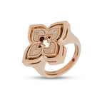 Roberto Coin Venetian Princess ring in 18ct rose gold featuring rhodonite-set flower petals, reversible diamond-set matte petals, and a signature hidden ruby inside the shank.