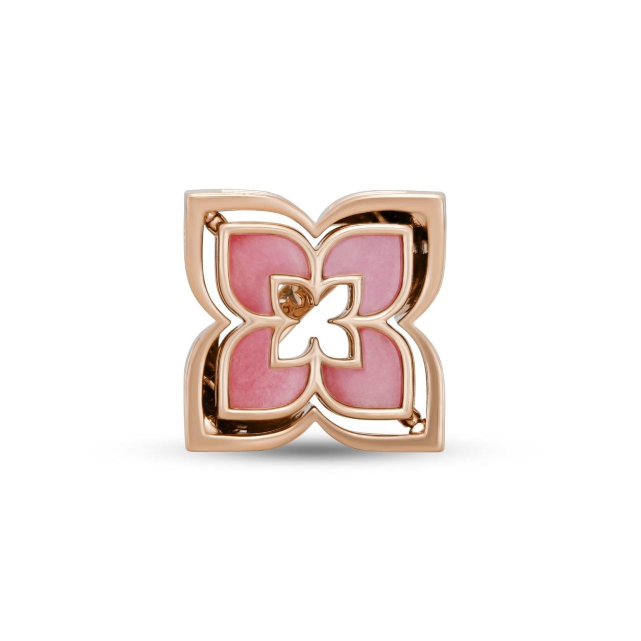Roberto Coin Venetian Princess ring in 18ct rose gold featuring rhodonite-set flower petals, reversible diamond-set matte petals, and a signature hidden ruby inside the shank.