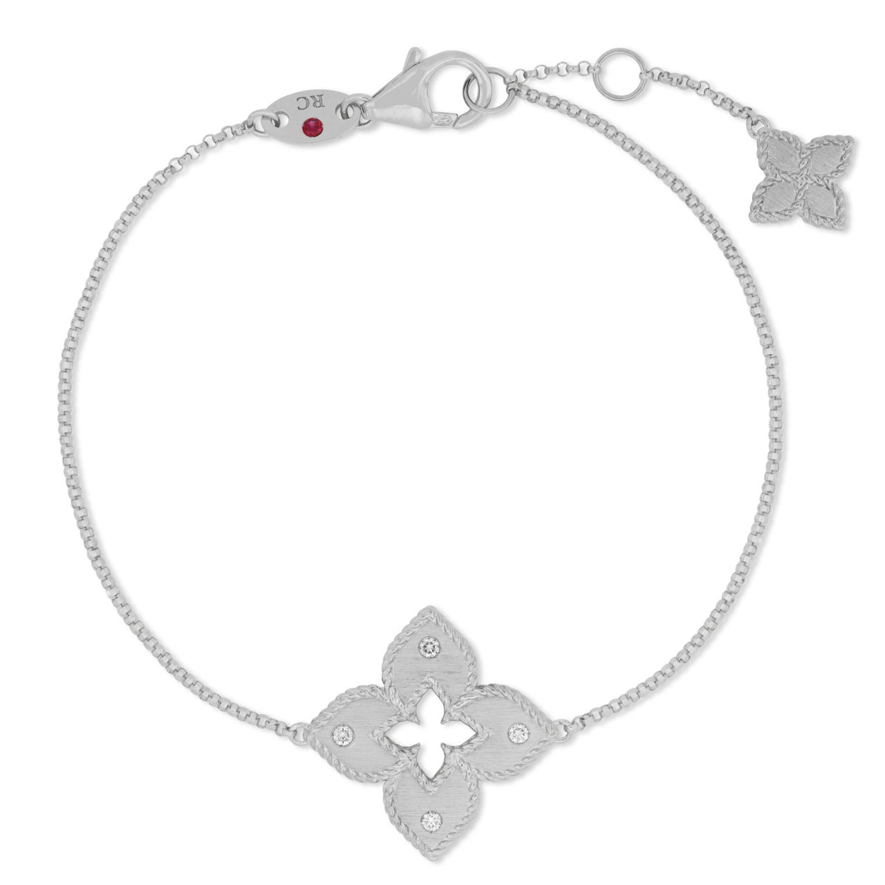 Roberto Coin Venetian Princess 18ct white gold diamond bracelet featuring matte open flower design, rope detail, hanging flower drop, and signature ruby clasp.