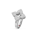 Roberto Coin Venetian Princess ring in 18ct white gold with matte finish, featuring an open flower design with diamond-set petals, rope edge detailing, and a hidden ruby inside the shank.