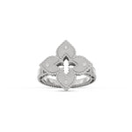 Roberto Coin Venetian Princess ring in 18ct white gold with matte finish, featuring an open flower design with diamond-set petals, rope edge detailing, and a hidden ruby inside the shank.