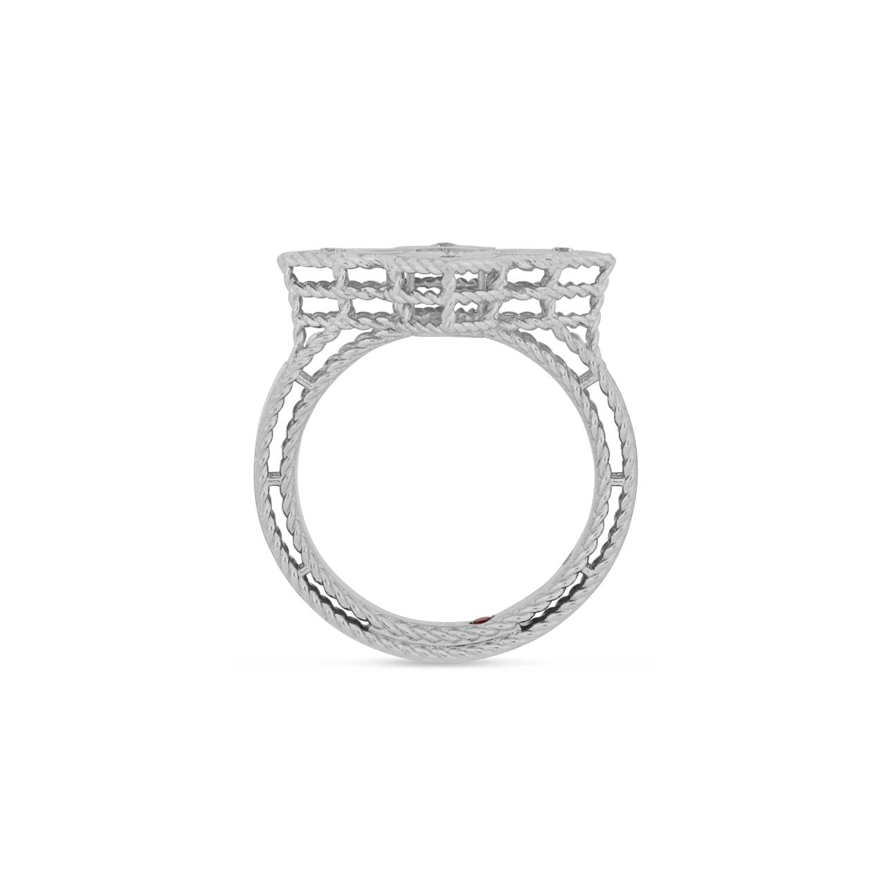 Roberto Coin Venetian Princess ring in 18ct white gold with matte finish, featuring an open flower design with diamond-set petals, rope edge detailing, and a hidden ruby inside the shank.