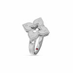 Roberto Coin Venetian Princess ring in 18ct white gold with matte finish, featuring a flower design with diamond-set petals, rope edge detailing, and a hidden ruby inside the shank.