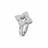 Roberto Coin Venetian Princess ring in 18ct white gold with matte finish, featuring a flower design with diamond-set petals, rope edge detailing, and a hidden ruby inside the shank.