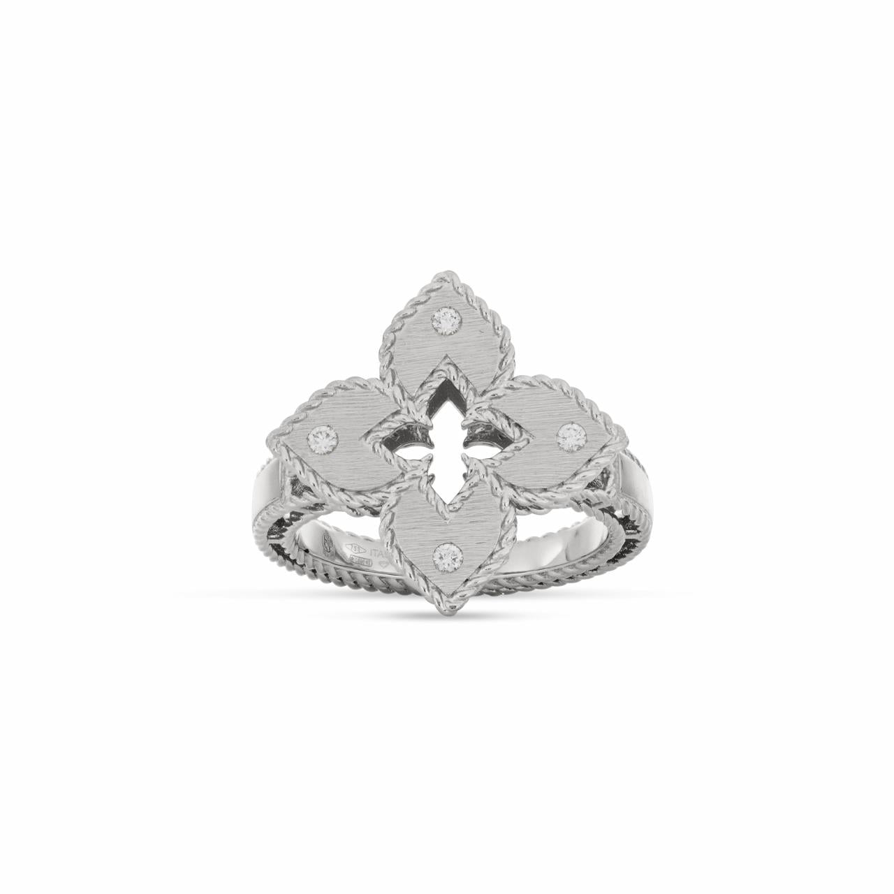 Roberto Coin Venetian Princess ring in 18ct white gold with matte finish, featuring a flower design with diamond-set petals, rope edge detailing, and a hidden ruby inside the shank.