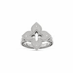Roberto Coin Venetian Princess ring in 18ct white gold with matte finish, featuring a flower design with diamond-set petals, rope edge detailing, and a hidden ruby inside the shank.