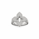 Roberto Coin Venetian Princess ring in 18ct white gold with matte finish, featuring a flower design with diamond-set petals, rope edge detailing, and a hidden ruby inside the shank.