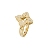 Roberto Coin Venetian Princess ring in 18ct yellow gold with matte finish, featuring an open flower design with diamond-set petals, rope edge detailing, and a hidden ruby inside the shank.