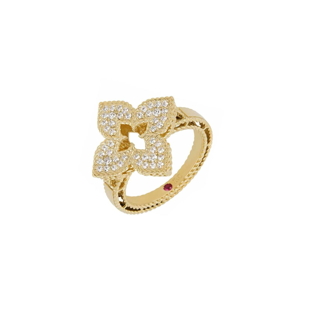 Roberto Coin Venetian Princess ring in 18ct yellow gold featuring an open flower design with diamond cluster petals, rope edge detailing, and a signature hidden ruby inside the shank.